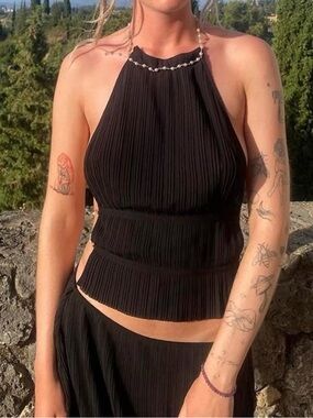 Sasha Therese Open Back Perla Pleated Halter Top $80